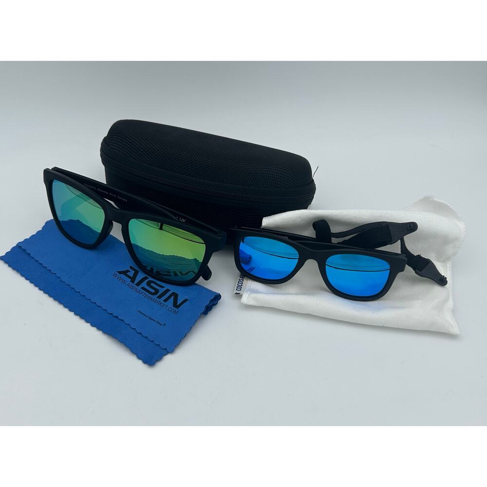 Polarized Sunglasses Bundle Adult & Kids Blue Green Mirror Lenses w/ Case Strap